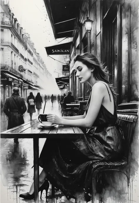Charcoal drawing , Crayons, black Pencil drawing, Pencil drawing, Black and white drawing,  graphite drawing ,
poster, Close up, full length, Stunningly beautiful young woman, sitting in a Parisian street cafe, portrait of Willem Henraets, watercolor, “wet...