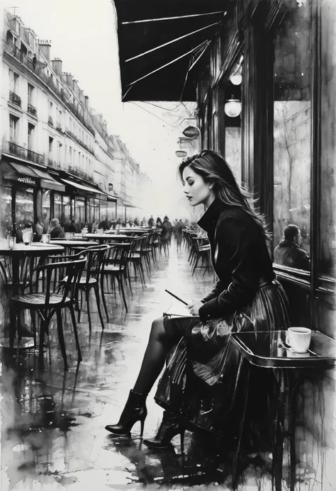 Charcoal drawing , Crayons, black Pencil drawing, Pencil drawing, Black and white drawing,  graphite drawing ,
poster, Close up, full length, Stunningly beautiful young woman, sitting in a Parisian street cafe, portrait of Willem Henraets, watercolor, “wet...