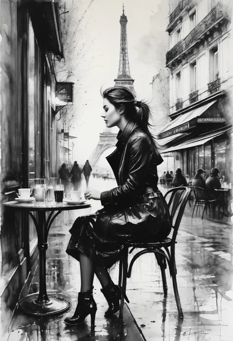 Charcoal drawing , Crayons, black Pencil drawing, Pencil drawing, Black and white drawing,  graphite drawing ,
poster, Close up, full length, Stunningly beautiful young woman, sitting in a Parisian street cafe, portrait of Willem Henraets, watercolor, “wet...