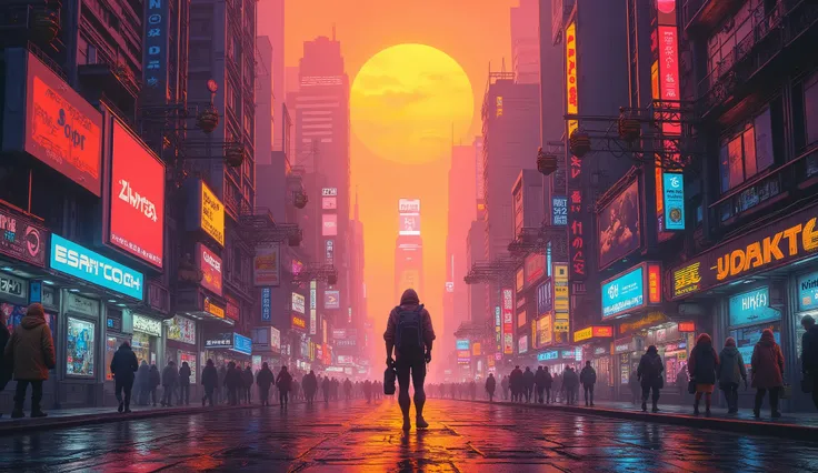 8,000 , masterpiece ,Highest Quality, Close shot,symmetry,Ground view, and no figures,dusk, High Tech,Warm colors,Cyberpunk City,