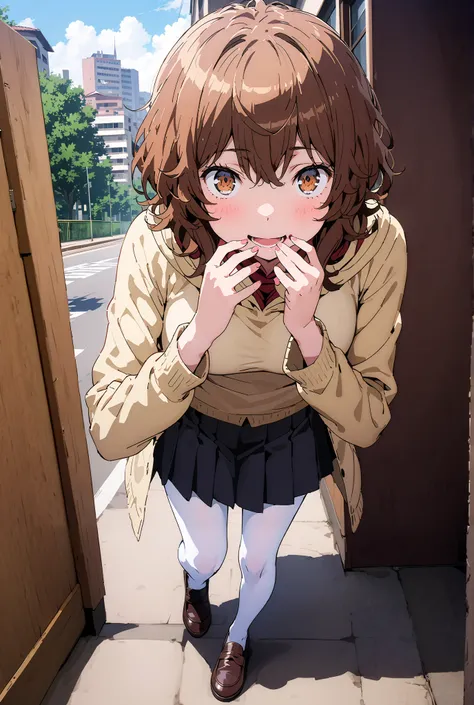 Liliru Card, Lilylka Alde, brown eyes, black cock, smile,cover,opens her mouth,short hair,White shirt,green 弓tie, yellow cardigan , black mini pleated skirt ,white pantyhose as if it were in the illustration,loafers,is walking,Beautiful cityscape,Beautiful...