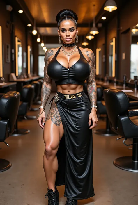 a heavily tattooed and pierced female barber in the empty space of a HI-TECH barber shop, very charismatic, sexy, with a body shape like Monica Bellucci, piercing gaze, 5'7" tall, 45 years.
The style is modern and atmospheric, with an emphasis on detail. T...
