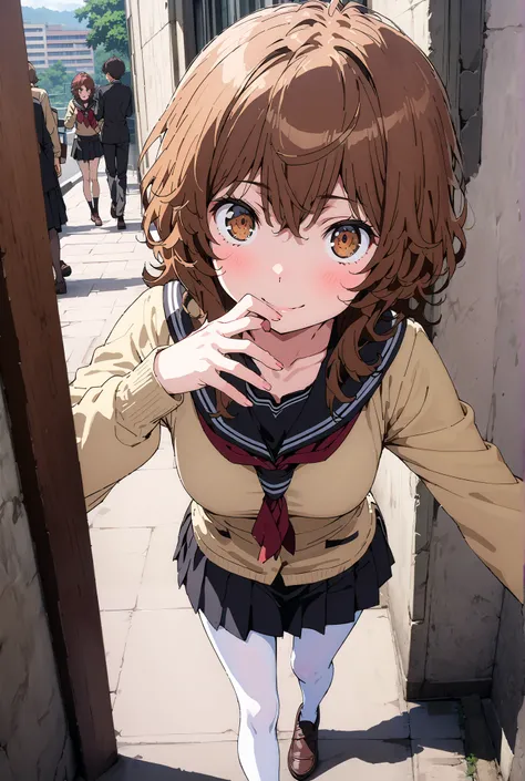 Liliru Card, Lilylka Alde, brown eyes, black cock, smile,cover,opens her mouth,short hair,Black sailor suit,red 弓tie, yellow cardigan , black mini pleated skirt ,white pantyhose as if it were in the illustration,loafers,is walking,Beautiful cityscape,Beaut...