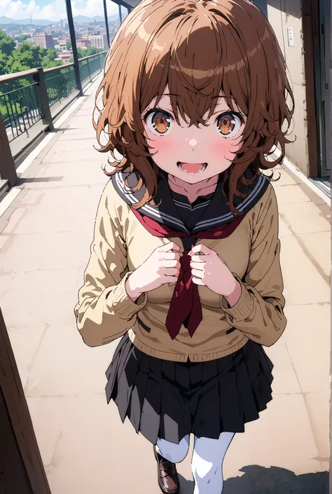 Liliru Card, Lilylka Alde, brown eyes, black cock, smile,cover,opens her mouth,short hair,Black sailor suit,red 弓tie, yellow cardigan , black mini pleated skirt ,white pantyhose as if it were in the illustration,loafers,is walking,Beautiful cityscape,Beaut...