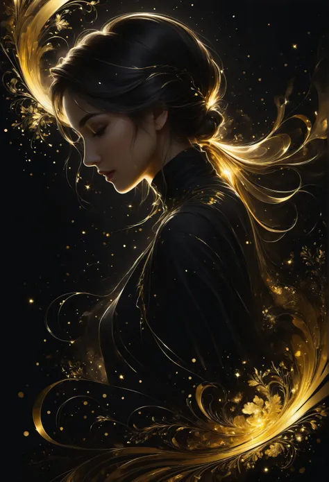 Close up, Shadow art , Beautiful silhouette, woman with lights, side view, White outline on a dark black background, shadows, mysterious , Nikas Safronov Style, Henry Asensio , Studio Ghibli Genshin Impact
золотые узоры, golden and black spirit, liquid ...