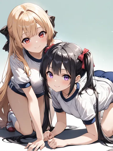 2girls side by side, taken from behind),{( blond hair left and right, long hair, red eyes , gym uniform at the sports square, hair bow, is on all fours,}, | {( black hair, very long hair, twin tails, is on all fours,, purple eyes, gym uniform a...