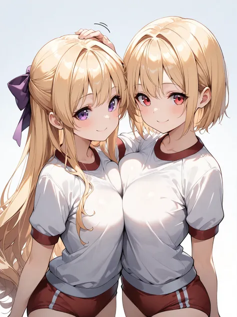 2girls, full body shot on one side, {( blond hair left and right, long hair, red eyes , gym uniform at the sports square, hair bow)}, | {( Hair, very long hair, short hair, purple eyes, gym uniform at the sports square, hair bow, smile)}, Seate...