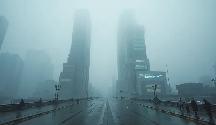 8,000 , masterpiece ,Highest Quality, Close shot,symmetry,Ground view, and no figures,On a foggy day, in the morning,Cyberpunk City,the building was shrouded in thick fog,