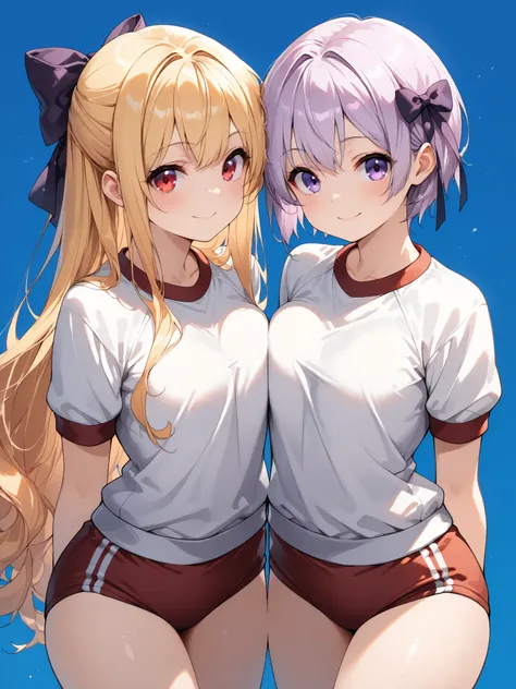 2girls side by side, {( blond hair left and right, long hair, red eyes , gym uniform at the sports square, hair bow)}, | {( Hair, very long hair, short hair, purple eyes, gym uniform at the sports square, hair bow, smile)}, with its back agains...