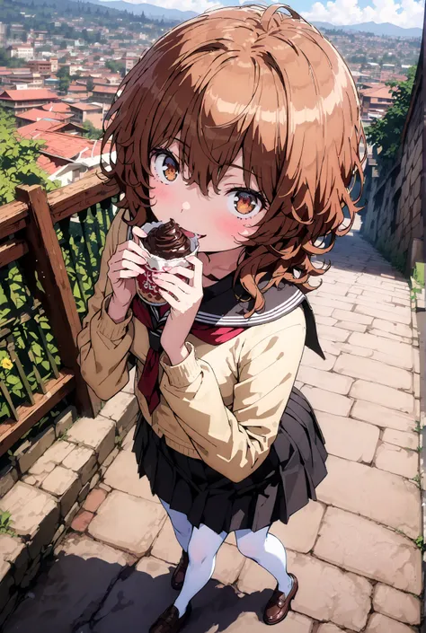 Liliru Card, Lilylka Alde, brown eyes, black cock, smile,cover,opens her mouth,short hair,Black sailor suit,red 弓tie, yellow cardigan , black mini pleated skirt ,white pantyhose as if it were in the illustration,loafers,Holding a chocolate parfait with one...