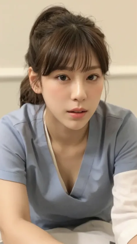 Photo-realistic image of a Japanese hospital examination room. A female nurse with a short ponytail, dressed in medical scrubs, is leaning forward with a concerned expression, looking directly at the viewer. From the front angle, her chest and bra are part...