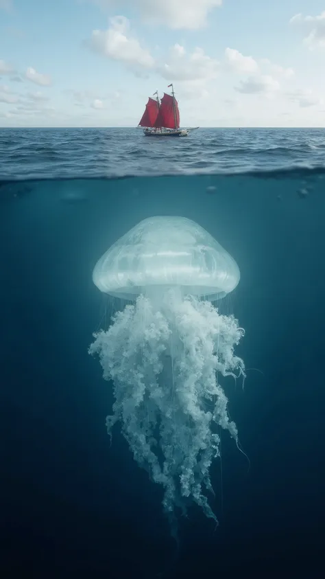 lens at the top and bottom of the screen and focuses horizontally on the giant deep-sea jellyfish in seawater　Jellyfish at sea level　The jellyfish takes up half of the 70%　　a small red sailboat at sea level　Right above the jellyfish