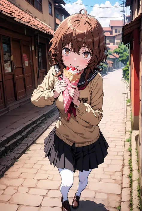Liliru Card, Lilylka Alde, brown eyes, black cock, smile,cover,opens her mouth,short hair,Black sailor suit,red 弓tie, yellow cardigan , black mini pleated skirt ,white pantyhose as if it were in the illustration,loafers,Holding a crepe with one hand,is wal...