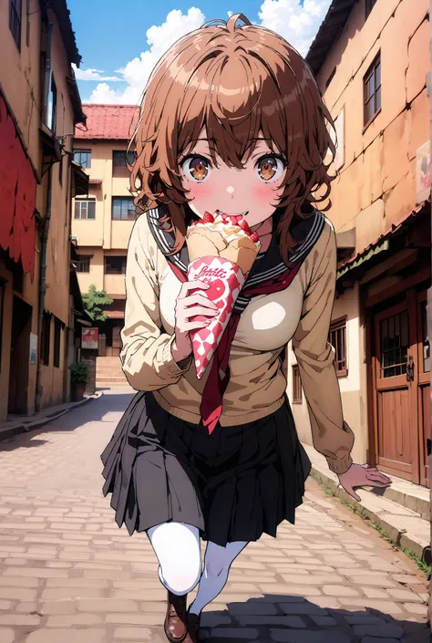 Liliru Card, Lilylka Alde, brown eyes, black cock, smile,cover,opens her mouth,short hair,Black sailor suit,red 弓tie, yellow cardigan , black mini pleated skirt ,white pantyhose as if it were in the illustration,loafers,Holding a crepe with one hand,is wal...