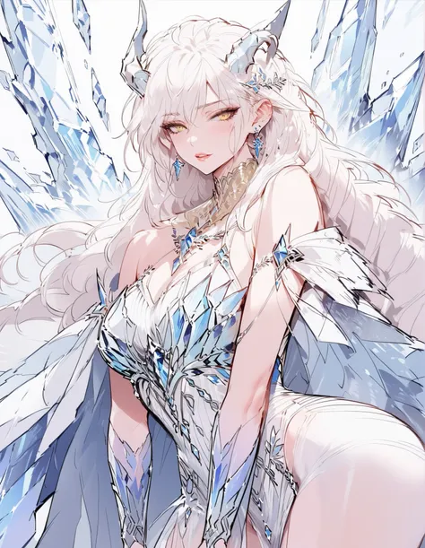A masterpiece of the highest quality, ultra-detailed, highly aesthetic, absurd, and confident. A stunning Ice Queen with dragon-like features, she exudes elegance and power. She is a voluptuous mature woman (MILF) with a tall, curvaceous, and well-proporti...