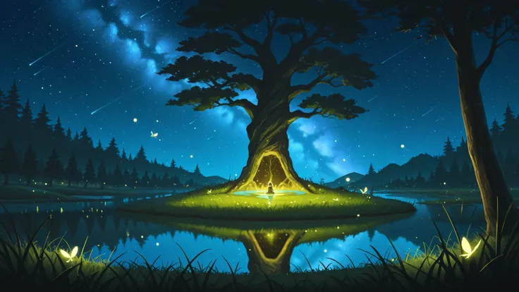 Landscape, scenery background, ancient tree, glowing pond, firefly, midnights, starry sky, grass field