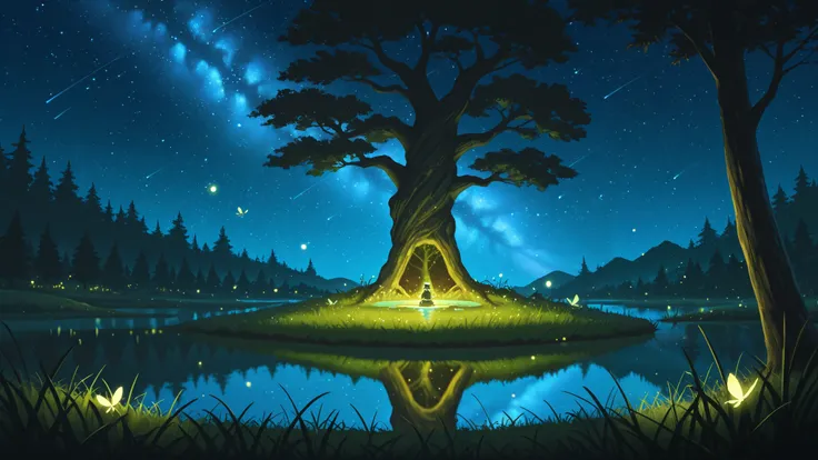 Landscape, scenery background, ancient tree, glowing pond, firefly, midnights, starry sky, grass field