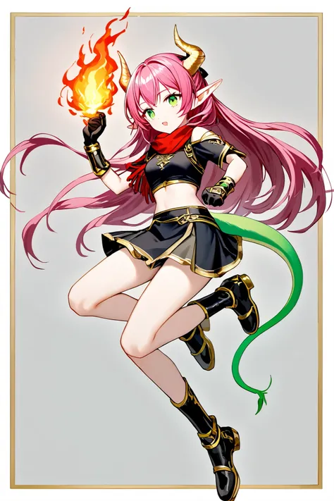 (one girl), (perfect female body), (Jumping and kicking with flames on the right foot)。(The thin, light green tail with no scales grows only one from the position of the coccyx )。A golden dragon horn grows from its head。Middle school-aged woman 。(half up)...