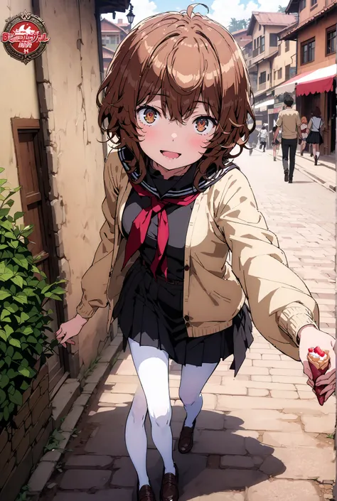 Liliru Card, Lilylka Alde, brown eyes, black cock, smile,cover,opens her mouth,short hair,Black sailor suit,red 弓tie, yellow cardigan , black mini pleated skirt ,white pantyhose as if it were in the illustration,loafers,Holding a crepe with one hand,is wal...
