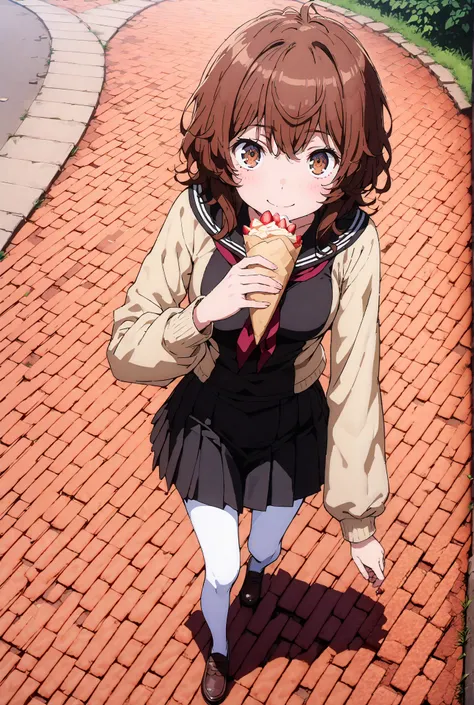 Liliru Card, Lilylka Alde, brown eyes, black cock, smile,cover,opens her mouth,short hair,Black sailor suit,red 弓tie, yellow cardigan , black mini pleated skirt ,white pantyhose as if it were in the illustration,loafers,Holding a crepe with one hand,is wal...