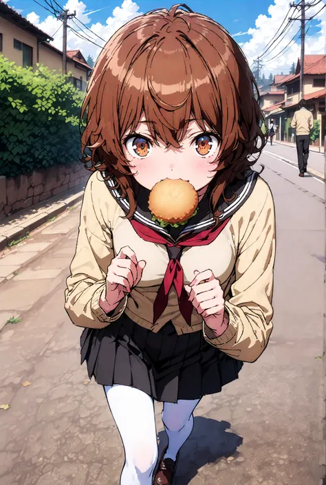 Liliru Card, Lilylka Alde, brown eyes, black cock, smile,cover,opens her mouth,short hair,Black sailor suit,red 弓tie, yellow cardigan , black mini pleated skirt ,white pantyhose as if it were in the illustration,loafers,Holding a paper-wrapped croquette wi...