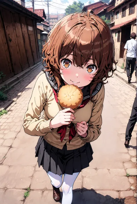 Liliru Card, Lilylka Alde, brown eyes, black cock, smile,cover,opens her mouth,short hair,Black sailor suit,red 弓tie, yellow cardigan , black mini pleated skirt ,white pantyhose as if it were in the illustration,loafers,Holding a paper-wrapped croquette wi...