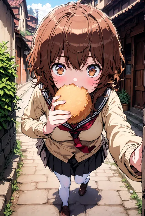Liliru Card, Lilylka Alde, brown eyes, black cock, smile,cover,opens her mouth,short hair,Black sailor suit,red 弓tie, yellow cardigan , black mini pleated skirt ,white pantyhose as if it were in the illustration,loafers,Holding a paper-wrapped croquette wi...