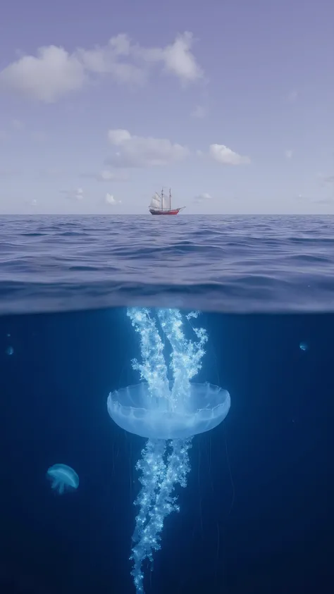  vertical symmetrical composition, razor-sharp ocean horizon split::2, mirror-like sea surface extending to frame edges, [macro close-up::3] giant translucent bioluminescent jellyfish with 3m long glowing tentacles, The giant jellyfish is surrounded by som...