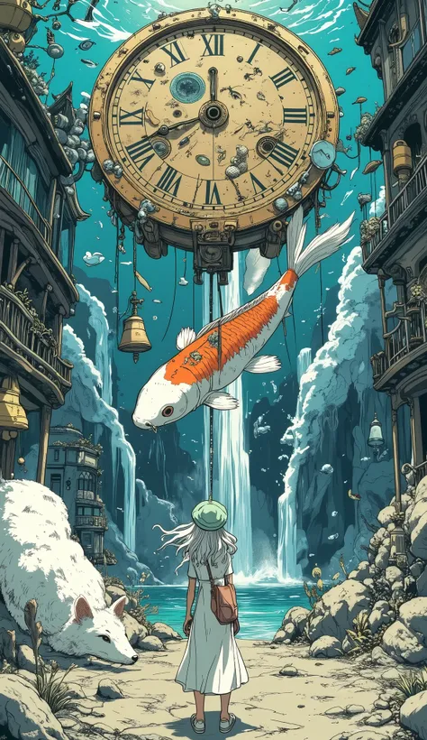 Imagine,underwater worlds,The waterfall is 20 meters wide,and the water flows like an old movie film,with a three-meter-high bronze bell in the pool,The numbers on the clock face are Roman numerals,The pendulum is a lively crucian carp, girl(21 years old,...