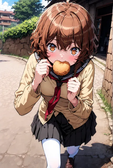 Liliru Card, Lilylka Alde, brown eyes, black cock, smile,cover,opens her mouth,short hair,Black sailor suit,red 弓tie, yellow cardigan , black mini pleated skirt ,white pantyhose as if it were in the illustration,loafers,Holding a paper-wrapped croquette wi...