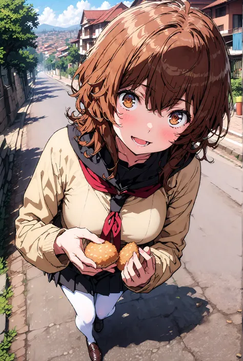 Liliru Card, Lilylka Alde, brown eyes, black cock, smile,cover,opens her mouth,short hair,Black sailor suit,red 弓tie, yellow cardigan , black mini pleated skirt ,white pantyhose as if it were in the illustration,loafers,Holding a paper-wrapped croquette wi...