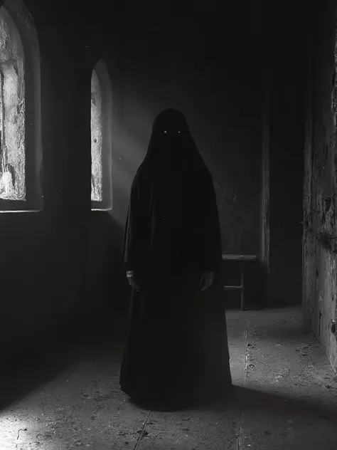 Fractured Reverence: A harrowing ancient silence awakes, occult, old photo, dark creepy, old nun, cloister, cathedral, black and white photo, dark, shadow, distorted, grainy, film grain, Victorian