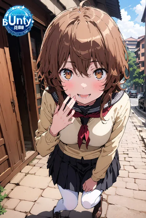 Liliru Card, Lilylka Alde, brown eyes, black cock, smile,cover,opens her mouth,short hair,Black sailor suit,red 弓tie, yellow cardigan , black mini pleated skirt ,white pantyhose as if it were in the illustration,loafers,Student bag 1 :1,Beautiful Scenery,n...