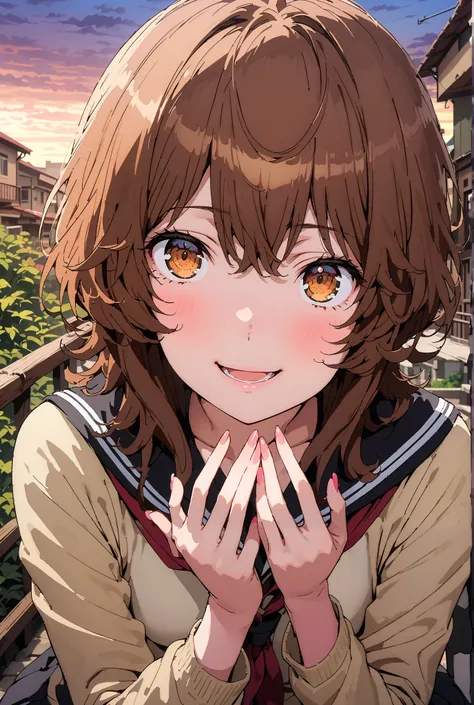 Liliru Card, Lilylka Alde, brown eyes, black cock, smile,cover,opens her mouth,short hair,Black sailor suit,red 弓tie, yellow cardigan , black mini pleated skirt ,white pantyhose as if it were in the illustration,loafers,Student bag 1 :1,Beautiful Scenery,e...