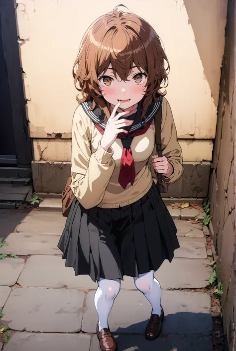 Liliru Card, Lilylka Alde, brown eyes, black cock, smile,cover,opens her mouth,short hair,Black sailor suit,red 弓tie, yellow cardigan , black mini pleated skirt ,white pantyhose as if it were in the illustration,loafers,Student bag 1 :1,Beautiful Scenery,e...