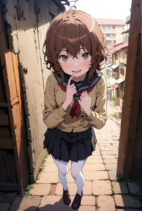 Liliru Card, Lilylka Alde, brown eyes, black cock, smile,cover,opens her mouth,short hair,Black sailor suit,red 弓tie, yellow cardigan , black mini pleated skirt ,white pantyhose as if it were in the illustration,loafers,Student bag 1 :1,Beautiful Scenery,e...