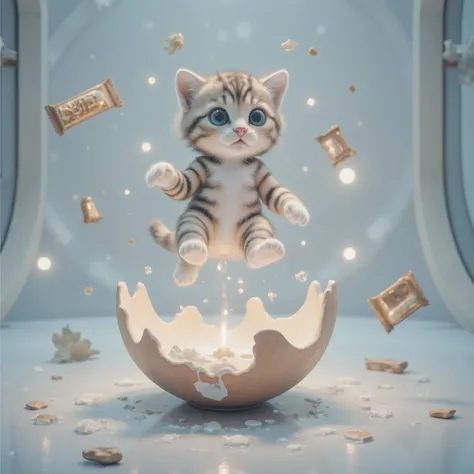 A kitten,Lab style,Floating on a broken eggshell,Break the shell,energy bar