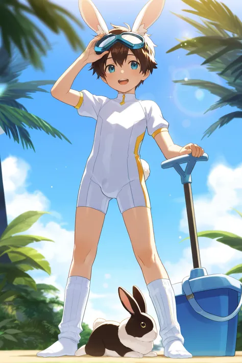 a boy, short hair,Boy in a blue and white bodysuit,Standing,cute,A with brown hair in white cotton socks,Goggles,looped rabbit ears, masterpiece, best quality ,male focus, Shota,enjoy,summer,Short sleeve,happy
