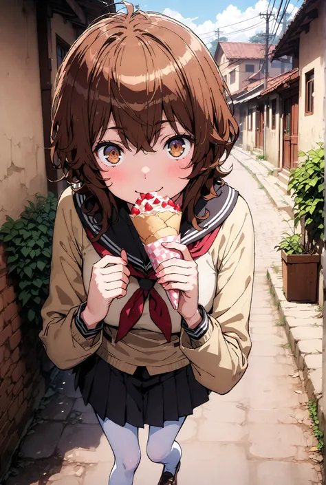 Liliru Card, Lilylka Alde, brown eyes, black cock, smile,cover,opens her mouth,short hair,Black sailor suit,red 弓tie, yellow cardigan , black mini pleated skirt ,white pantyhose as if it were in the illustration,loafers,Holding a crepe with one hand,School...