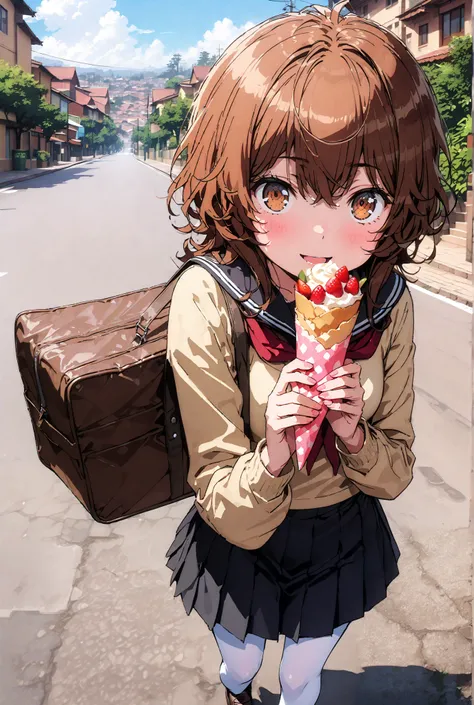 Liliru Card, Lilylka Alde, brown eyes, black cock, smile,cover,opens her mouth,short hair,Black sailor suit,red 弓tie, yellow cardigan , black mini pleated skirt ,white pantyhose as if it were in the illustration,loafers,Holding a crepe with one hand,School...