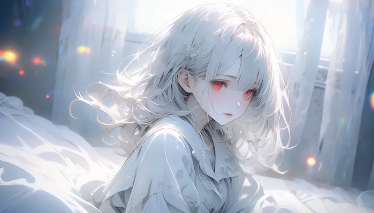 Semi-transparent girl sitting on a bed, ghost-like vibe, faint glowing effect, surreal atmosphere, The scene conveys a sense of inner conflict and introspection, highlighting doubt and anxiety. Highly detailedElegant and detailed, adding dramatic and symbo...