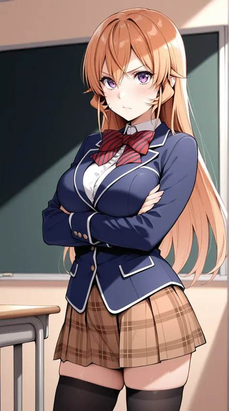 masterpiece, best quality, highres, Nakiri Erina(Shokugeki no Soma), long hair, red bow, striped bow, blazer, blue jacket, long sleeves, plaid skirt, brown skirt, black thighhighs, crossed arms, indoors, classroom