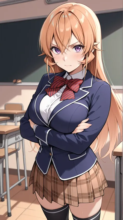 masterpiece, best quality, highres, Nakiri Erina(Shokugeki no Soma), long hair, red bow, striped bow, blazer, blue jacket, long sleeves, plaid skirt, brown skirt, black thighhighs, crossed arms, indoors, classroom
