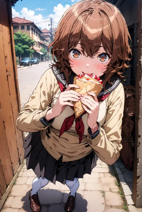 Liliru Card, Lilylka Alde, brown eyes, black cock, smile,cover,opens her mouth,short hair,Black sailor suit,red 弓tie, yellow cardigan , black mini pleated skirt ,white pantyhose as if it were in the illustration,loafers,Holding a crepe with one hand,School...