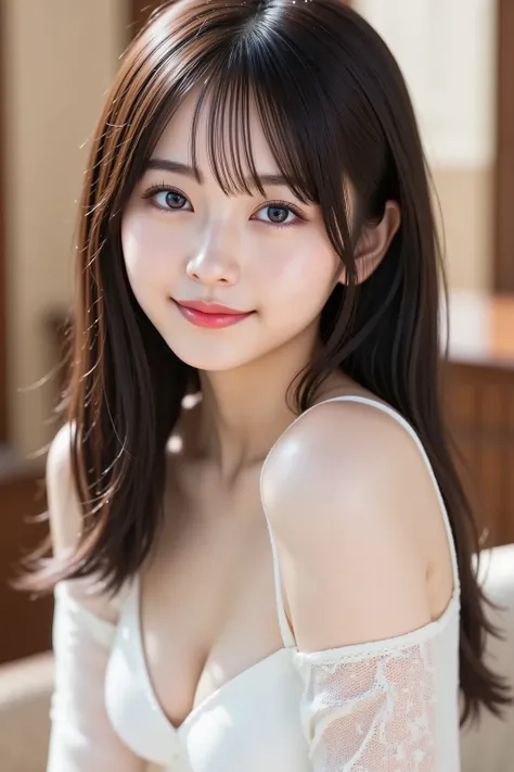 masterpiece, in a state where the face is accurately placed in the center of the image,  fine, clean skin、Chori blouse, sofa background、long black hair, Bangs, smile, 8k