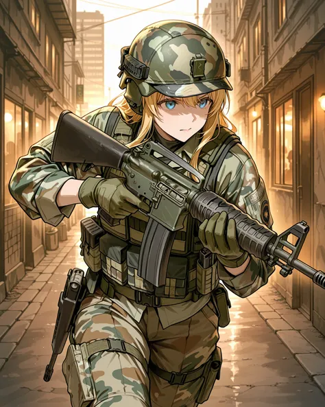 A soldier in urban camouflage gear with a tactical vest and helmet is aiming an M16 rifle down a city street. The background features tall buildings and an urban setting. The soldier is wearing green gloves and appears focused, with the rifle aimed straigh...