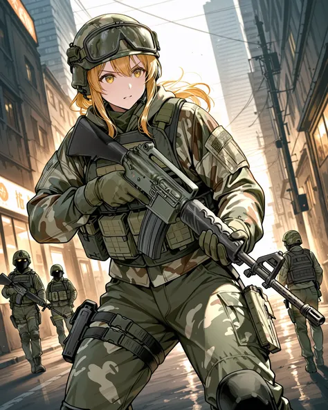 A soldier in urban camouflage gear with a tactical vest and helmet is aiming an M16 rifle down a city street. The background features tall buildings and an urban setting. The soldier is wearing green gloves and appears focused, with the rifle aimed straigh...