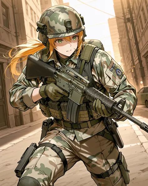 A soldier in urban camouflage gear with a tactical vest and helmet is aiming an M16A2 rifle down a city street. The background features tall buildings and an urban setting. The soldier is wearing green gloves and appears focused, with the gun aimed straigh...