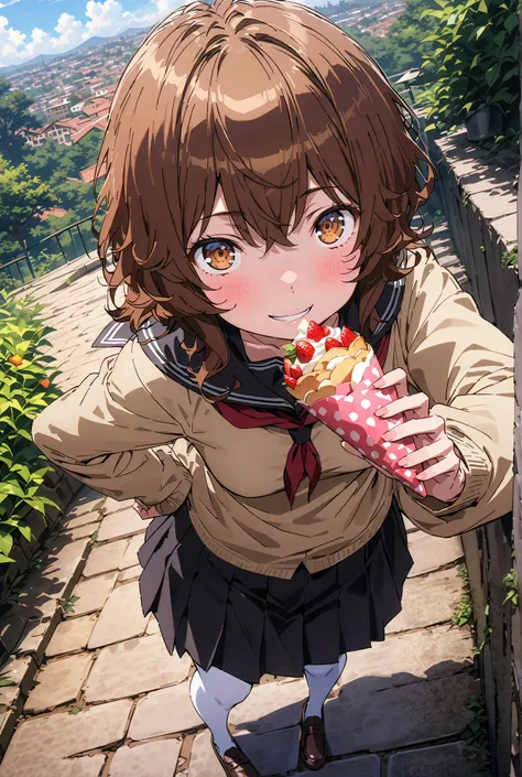 Liliru Card, Lilylka Alde, brown eyes, black cock, smile,cover,opens her mouth,short hair,Black sailor suit,red 弓tie, yellow cardigan , black mini pleated skirt ,white pantyhose as if it were in the illustration,loafers,Holding a crepe with one hand,garden...