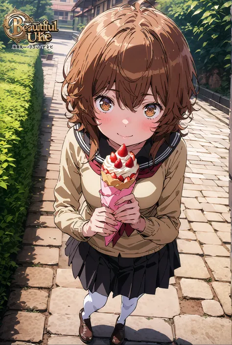 Liliru Card, Lilylka Alde, brown eyes, black cock, smile,cover,opens her mouth,short hair,Black sailor suit,red 弓tie, yellow cardigan , black mini pleated skirt ,white pantyhose as if it were in the illustration,loafers,Holding a crepe with one hand,garden...